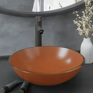 Ümmargune tööpinnale paigaldatav valamu kraani ja lükatava äravoolukorgiga, pruun karastatud klaas, 42 x 13 cm