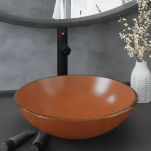 Ümmargune tööpinnapealne klaasvalamu kraani ja lükatava äravoolukorgiga, pruun karastatud klaas, 42 x 13 cm