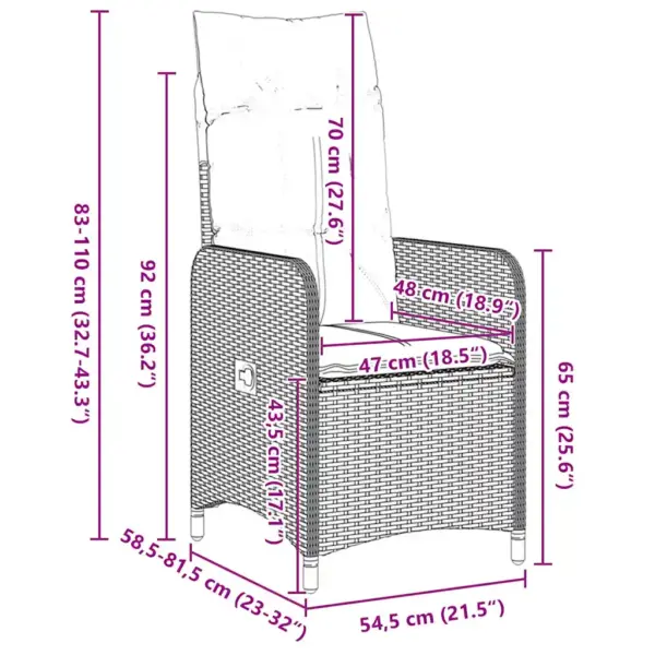 Pruun polürotangist aiasöögikomplekt patjade ja kallutatavate toolidega, 7 osa, laud 160 x 80 x 73 cm - 10