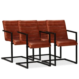 Retro söögitoolid käetugedega, 4 tk, pruun ehtne nahk, terasraam, 51 x 56 x 91 cm