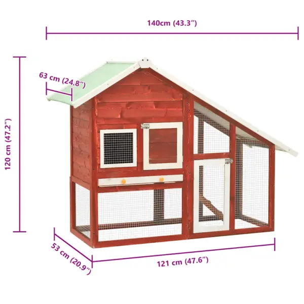 Kahekorruseline kuusepuidust küülikupuur libisemiskindla kaldteega, punane-valge, 140 x 63 x 120 cm – 11