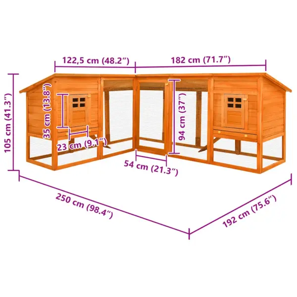 Õues kasutamiseks mõeldud küülikupuur suure jooksualaga, pruun kuusepuit, 250 x 192 x 105 cm – 9