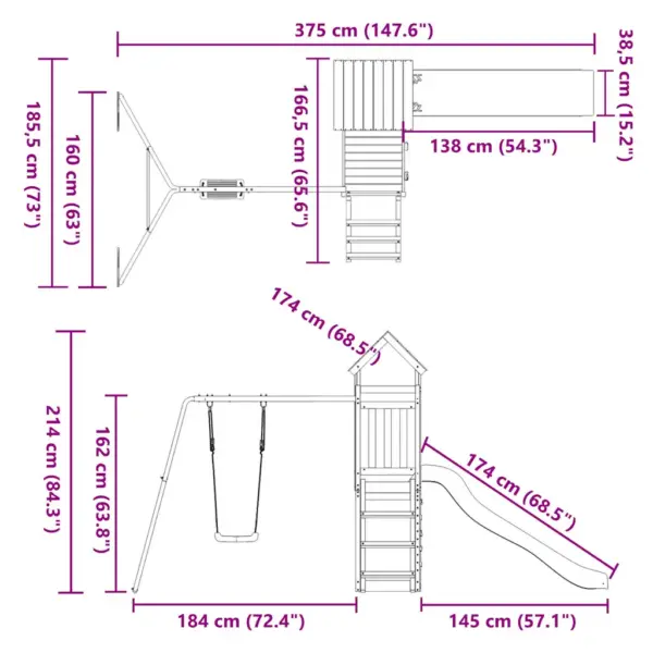Õuemänguväljak mängutorni, kiige ja lainelise liumäega, ebatsuugapuidust, sinine, 375 x 186 x 214 cm – 12