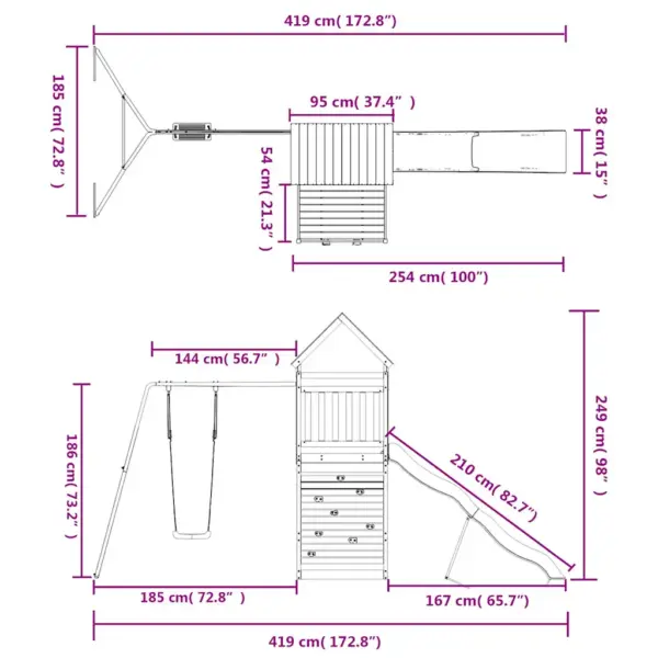 Puidust õuemänguväljak liugtee ja kiigega, männipuit, 419 x 199 x 249 cm – 12