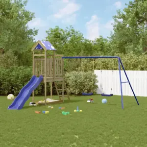 Puidust õuemänguväljak mängutorni, liumäe ja kahekohalise kiigega, immutatud männipuit, sinine