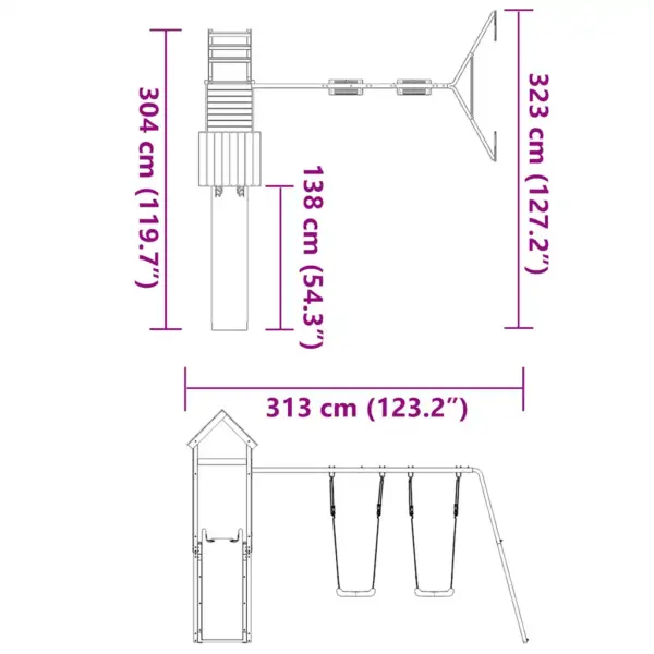 Puidust õuemänguväljak mängutorni, liumäe ja kahekohalise kiigega, immutatud männipuit, sinine – 11