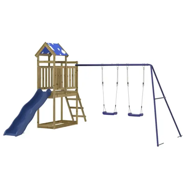 Puidust õuemänguväljak mängutorni, liumäe ja kahekohalise kiigega, immutatud männipuit, sinine – 3