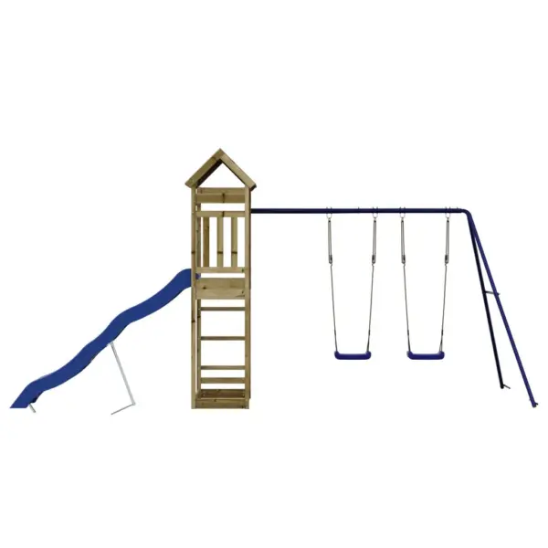 Puidust õuemänguväljak mängutorni, liumäe ja kahekohalise kiigega, immutatud männipuit, sinine, 477 x 185 x 238 cm – 7