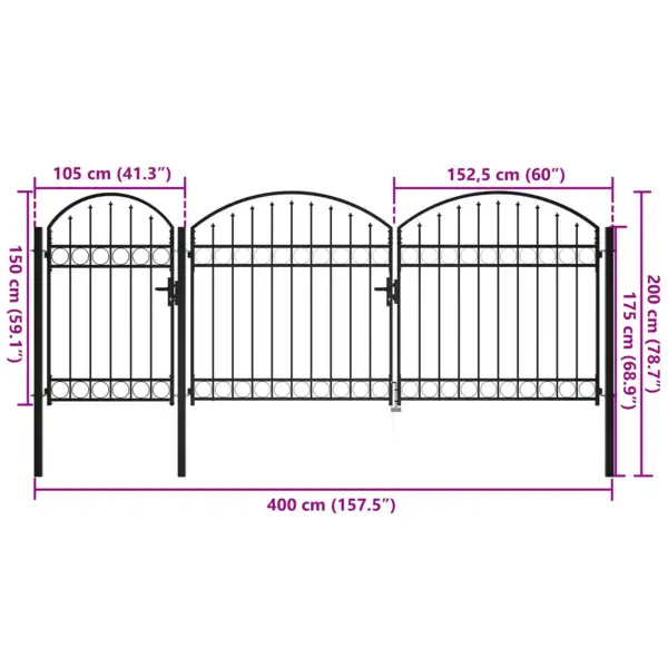 Pulbervärvitud terasest aiavärav kaarja ülaosaga, lukustatav, 200 x 400 cm – 5