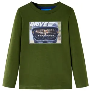 Pikkade varrukatega puuvillane lastesärk kiivri trükiga, tume khaki, suurus 116