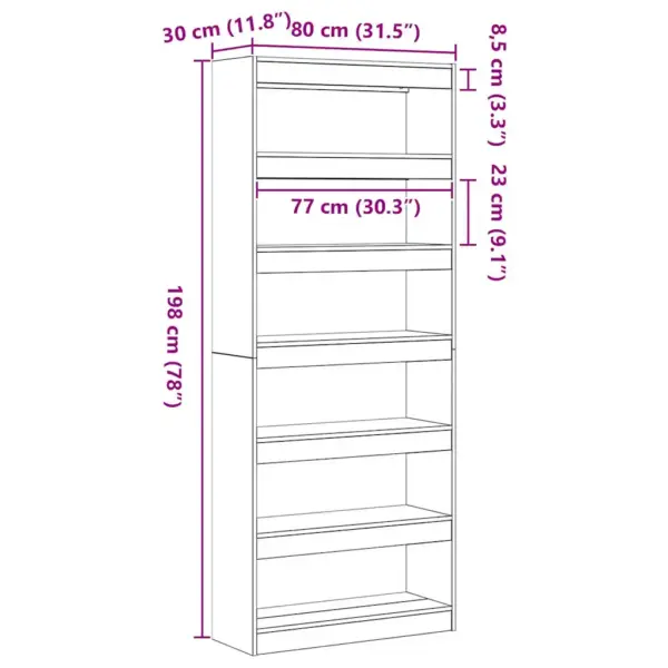 Avatud raamaturiiul 6 riiuliga, suitsetatud tamme toon, tehispuit, 80 x 30 x 198 cm - 10