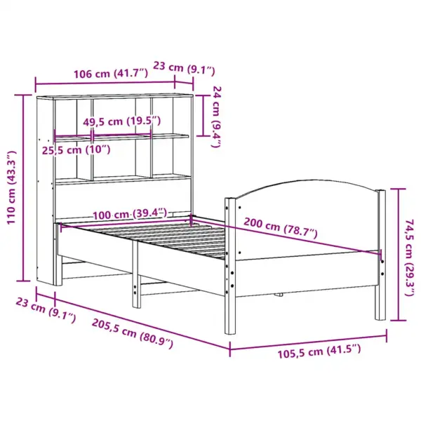 Raamaturiiuliga voodiraam ilma madratsita, vahapruun männipuidust, 100 x 200 cm – 12