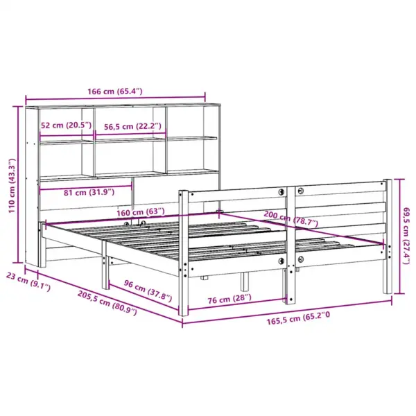 Raamaturiiuliga voodiraam ilma madratsita, täismännipuit, valge, sobib madratsile 160 x 200 cm - 11