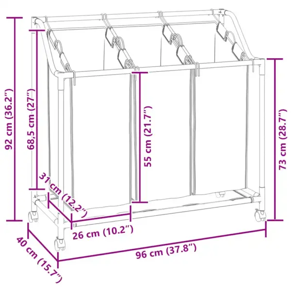 Ratastel pesusorteerija 3 kotiga, must, terasraam – 13