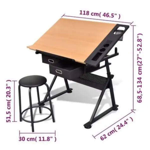 Reguleeritav kallutatava lauaplaadiga joonistus- ja joonestuslaud 2 sahtliga ja pingiga, pruun, 118 x 62 cm – 8