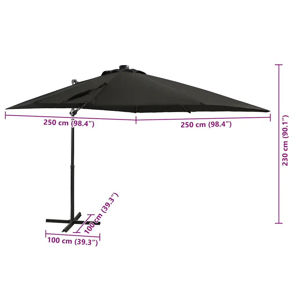 Rippuv aia päikesevari LED-valgustusega, must, 250 cm, alumiiniumpostiga