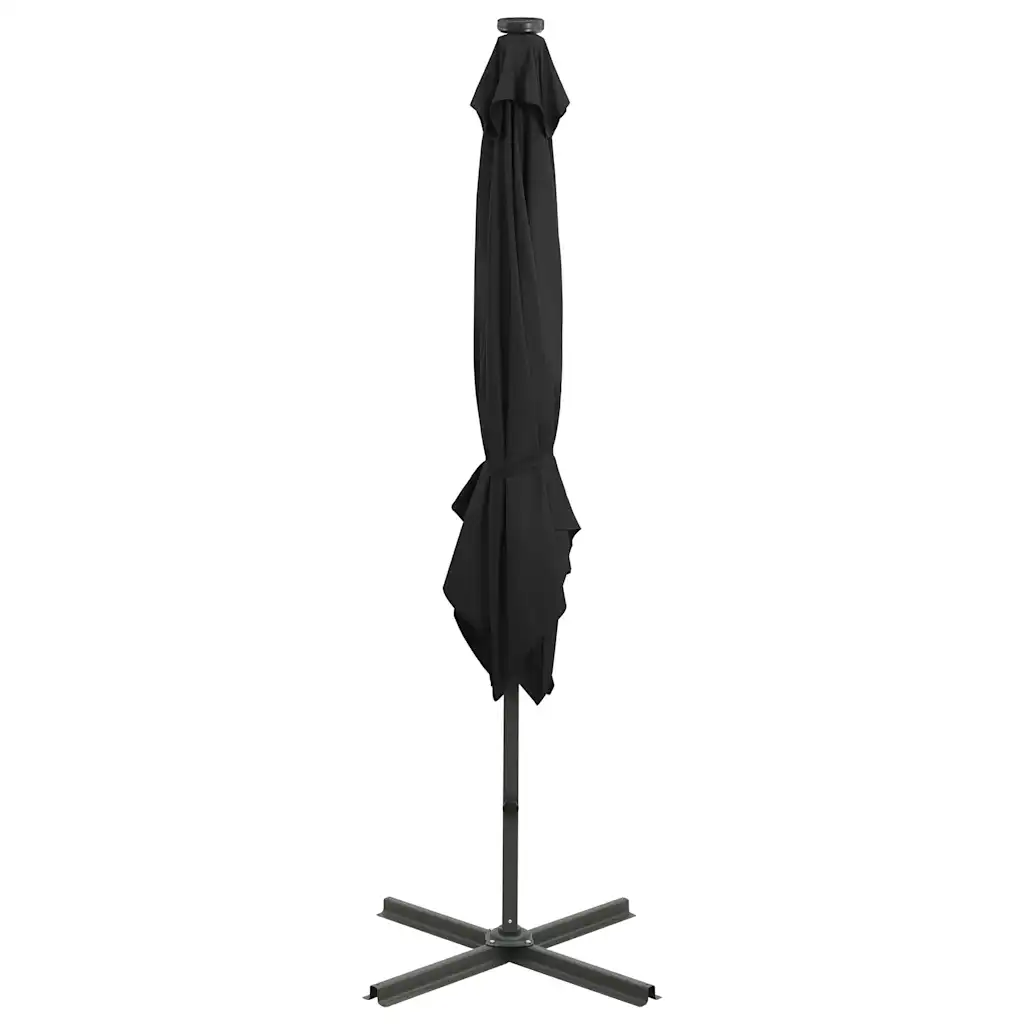 Rippuv aia päikesevari LED-valgustusega, must, 250 cm, alumiiniumpostiga