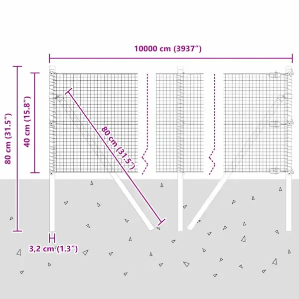 Roheline võrkaia komplekt postidega, 100 x 0,4 m, teras ja PVC, 19 x 19 mm võrk – 13