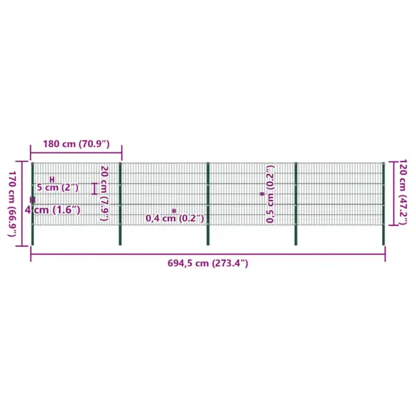 Võrkaia paneelide komplekt postidega, roheline pulbervärvitud raud, 12 paneeli, 6,8 x 1,2 m – 5
