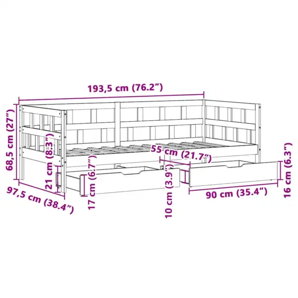 Valge männipuidust päevavoodi sahtlitega, 90 x 190 cm, ilma madratsita – 12