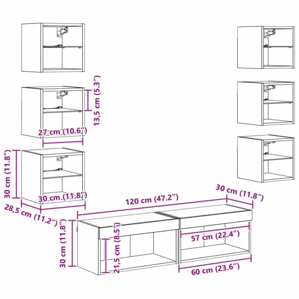 Seinale kinnitatav TV-kappide komplekt LED-ribadega, 8 osa, vana puidu toonis klaasriiulitega – 13