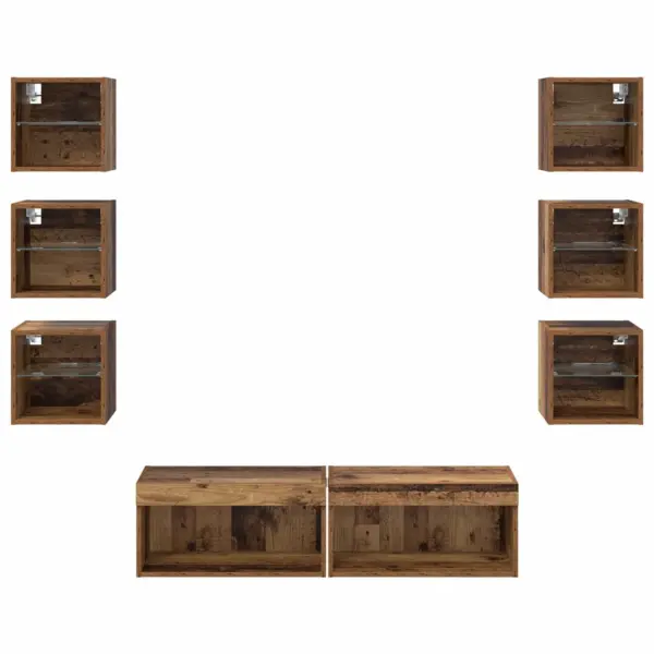 Seinale kinnitatav TV-kappide komplekt LED-ribadega, 8 osa, vana puidu toonis klaasriiulitega – 8