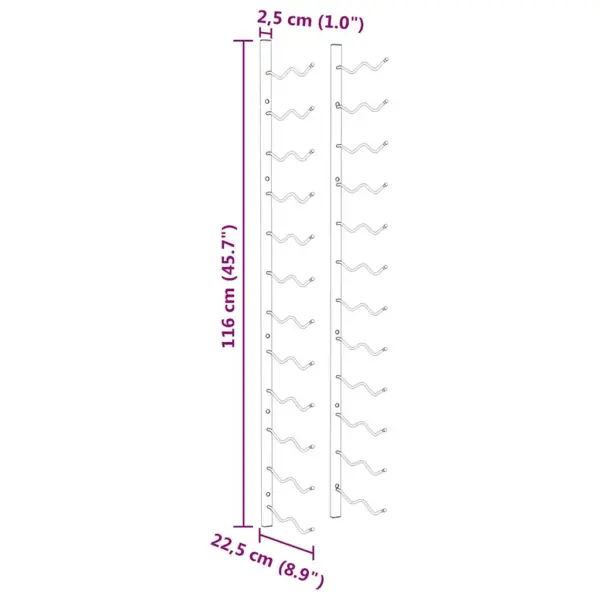 Seinale kinnitatav veiniriiulite komplekt, 24 pudelile, 2 tk, kuldne rauast, 22,5 x 2,5 x 116 cm – 9