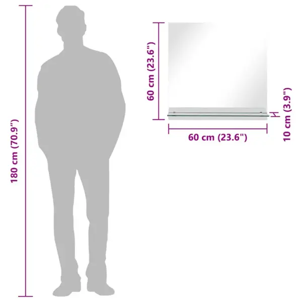 Seinapeegel riiuliga, karastatud klaas, 60 x 60 cm, hõbedane – 7