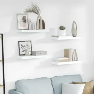 Seinariiulid nähtamatu kinnitusega, 4 tk, kõrgläikega valge, kärgstruktuuriga MDF, 50 x 23 x 3,8 cm