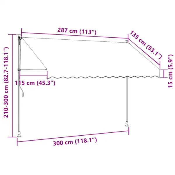 Käsitsi sissetõmmatav terrassivarikatus LED-valgustusega, 300 cm, kreemjasvalge – 8