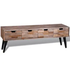 Taastatud tiigipuust TV-alus nelja sahtliga, mustade metalljalgadega, 120 x 31 x 40 cm