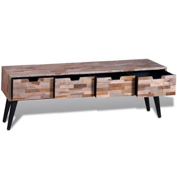 Taastatud tiigipuust TV-alus nelja sahtliga, mustade metalljalgadega, 120 x 31 x 40 cm - 3