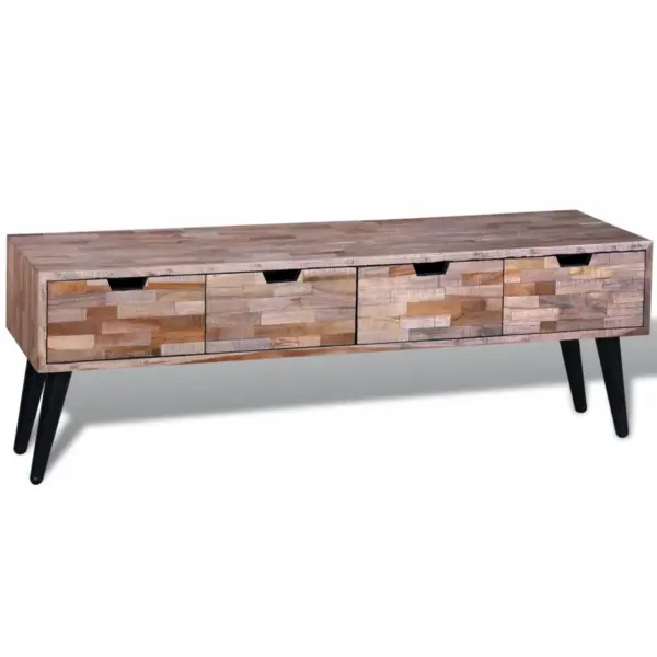 Taastatud tiigipuust TV-alus nelja sahtliga, mustade metalljalgadega, 120 x 31 x 40 cm - 4