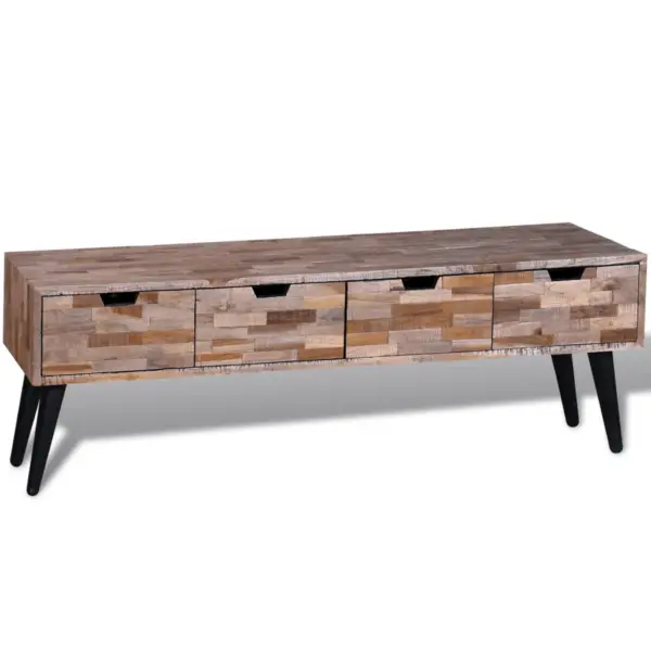 Taastatud tiigipuust TV-alus nelja sahtliga, mustade metalljalgadega, 120 x 31 x 40 cm - 6