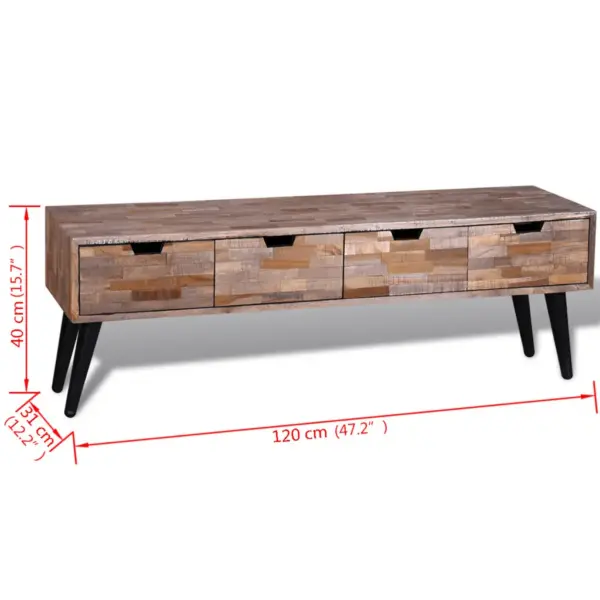 Taastatud tiigipuust TV-alus nelja sahtliga, mustade metalljalgadega, 120 x 31 x 40 cm - 9