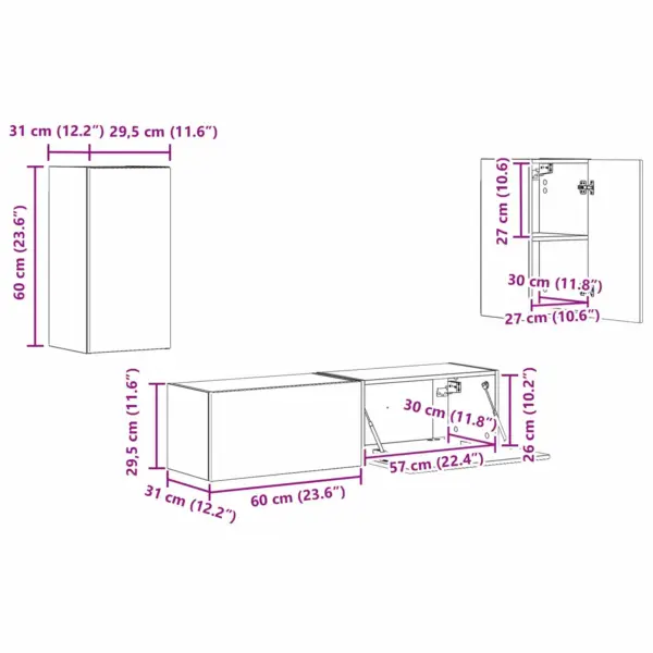 Telerikapikomplekt, 4-osaline, suitsetatud tamm, tehispuit, TV-kapp 60 x 31 x 29,5 cm - 13