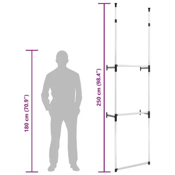 Teleskoopne garderoobisüsteem 2 riidevardaga, alumiinium, hõbedane-must, 65–110 x 28 x 250–300 cm – 11