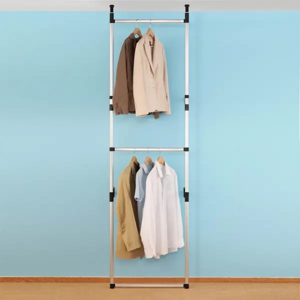 Teleskoopne garderoobisüsteem 2 riidevardaga, alumiinium, hõbedane-must, 65–110 x 28 x 250–300 cm – 4