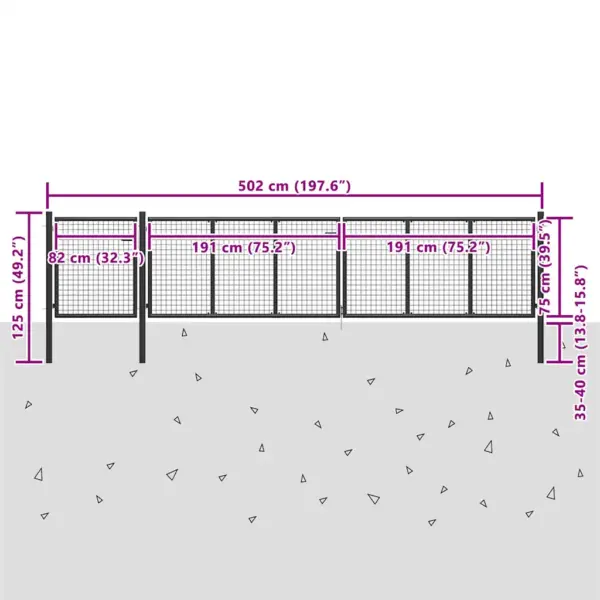 Terasest traatvõrguga aiavärav lukuga, antratsiithall, 500 x 125 cm – 5