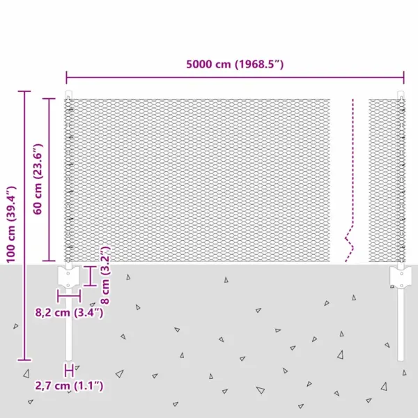 Hõbedane terasest aiavõrgu komplekt postidega, 0,6 x 50 m – 11