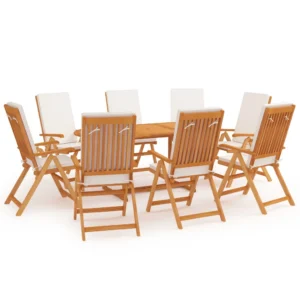9-osaline tiigipuidust aiamööbli komplekt patjadega, reguleeritavate kokkupandavate toolidega, laud 180 x 90 cm päevavarju avaga