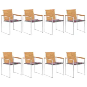 Virnastatavad tiigipuust aiatoolid patjadega, 8 tk, roostevaba terasraam, pruun, 60 x 56 x 85 cm