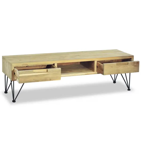 Koloniaalstiilis telerialus taaskasutatud tiigipuust, 2 sahtli ja kapiosaga, sepistatud rauast jalgadel, 120 x 35 x 35 cm – 7