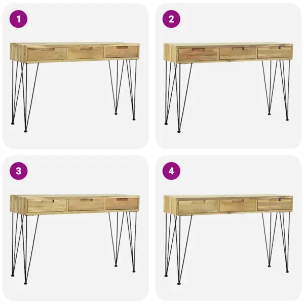 Konsoollaud taaskasutatud tiigipuust 3 sahtliga, sepistatud rauast jalgadel, 120 x 35 x 76 cm – 8