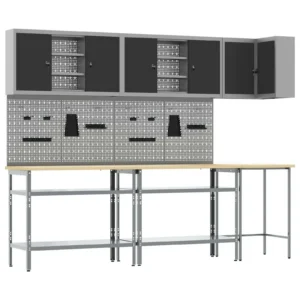 Töökappide ja töölaudade komplekt seinariiulite ja tööriistakappidega, 10 osa, must-hall, pulbervärvitud teras ja inseneripuit, 255 x 55 x 220 cm