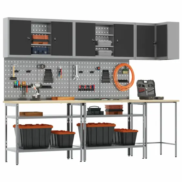 Töökappide ja töölaudade komplekt seinariiulite ja tööriistakappidega, 10 osa, must-hall, pulbervärvitud teras ja inseneripuit, 255 x 55 x 220 cm – 2