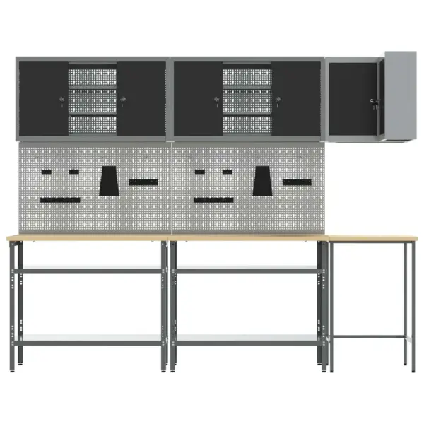 Töökappide ja töölaudade komplekt seinariiulite ja tööriistakappidega, 10 osa, must-hall, pulbervärvitud teras ja inseneripuit, 255 x 55 x 220 cm – 5