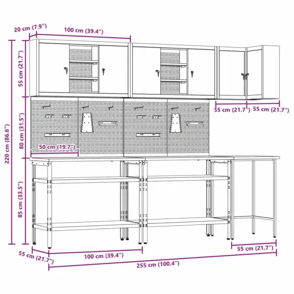 Töökappide ja töölaudade komplekt seinariiulite ja tööriistakappidega, 10 osa, must-hall, pulbervärvitud teras ja inseneripuit, 255 x 55 x 220 cm – 9