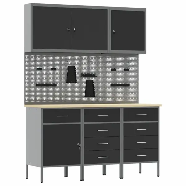 Töökojakappide komplekt 9 sahtliga, lukustatav, must, töödeldud puidust ja terasest, 150 x 55 x 200 cm - 2