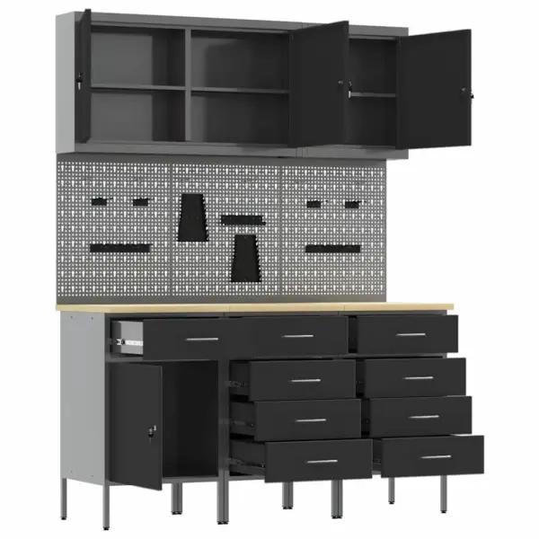 Töökojakappide komplekt 9 sahtliga, lukustatav, must, töödeldud puidust ja terasest, 150 x 55 x 200 cm - 5
